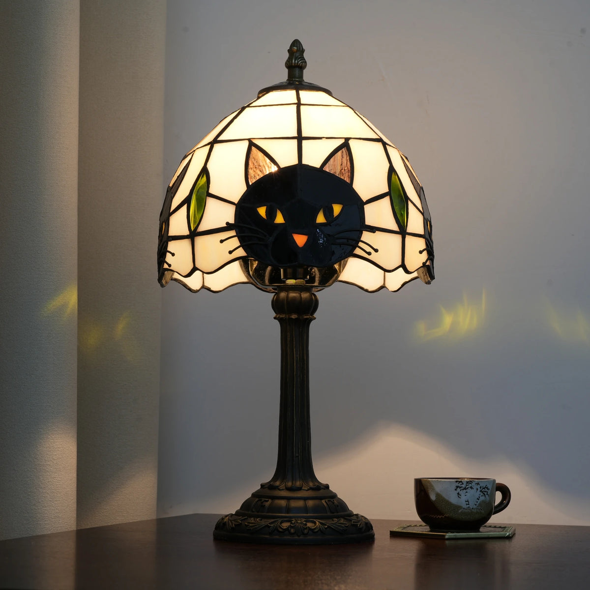 Halloween Tiffany Style Cute Black Cat Stained Glass Table Lamp