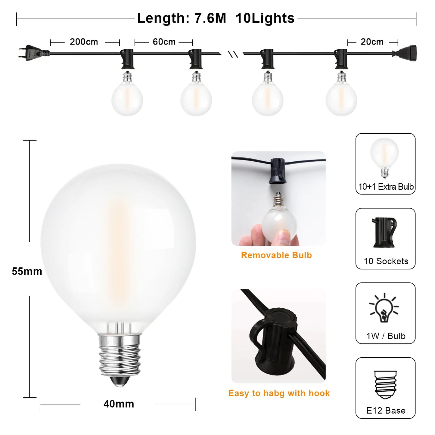 Fairy Outdoor String Lights G40 LED Frosted White Bulbs