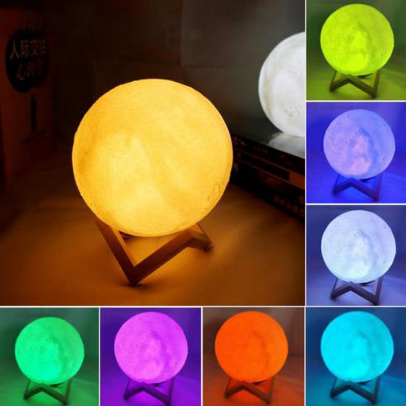 LED Night Light 3D Print Moon Lamp 8CM Battery Powered With Stand Starry Lamp Bedroom decor