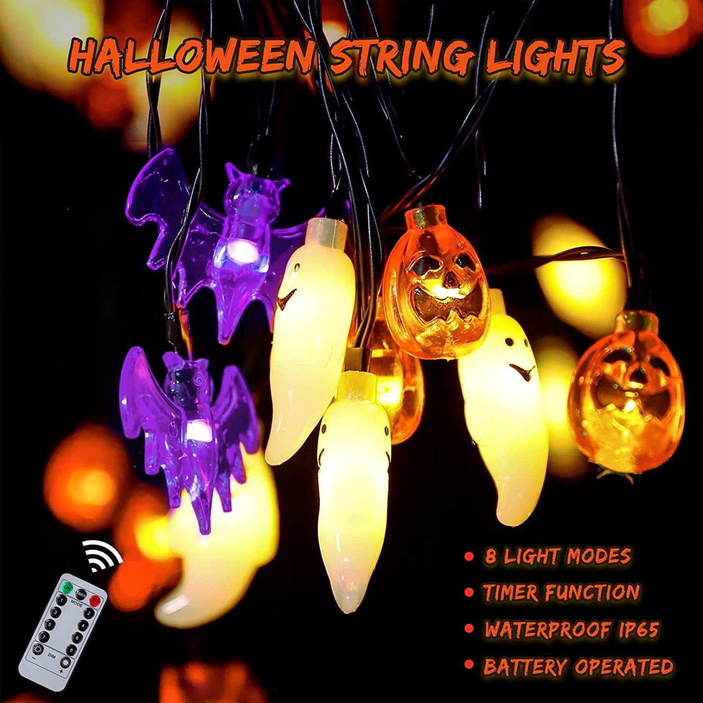 LED Halloween Pumpkin Spider Bat Skull String Light Lamp