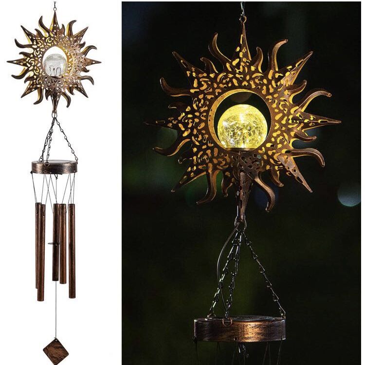 Wrought iron hollow sun moon wind chime pendant LED outdoor garden landscape decoration