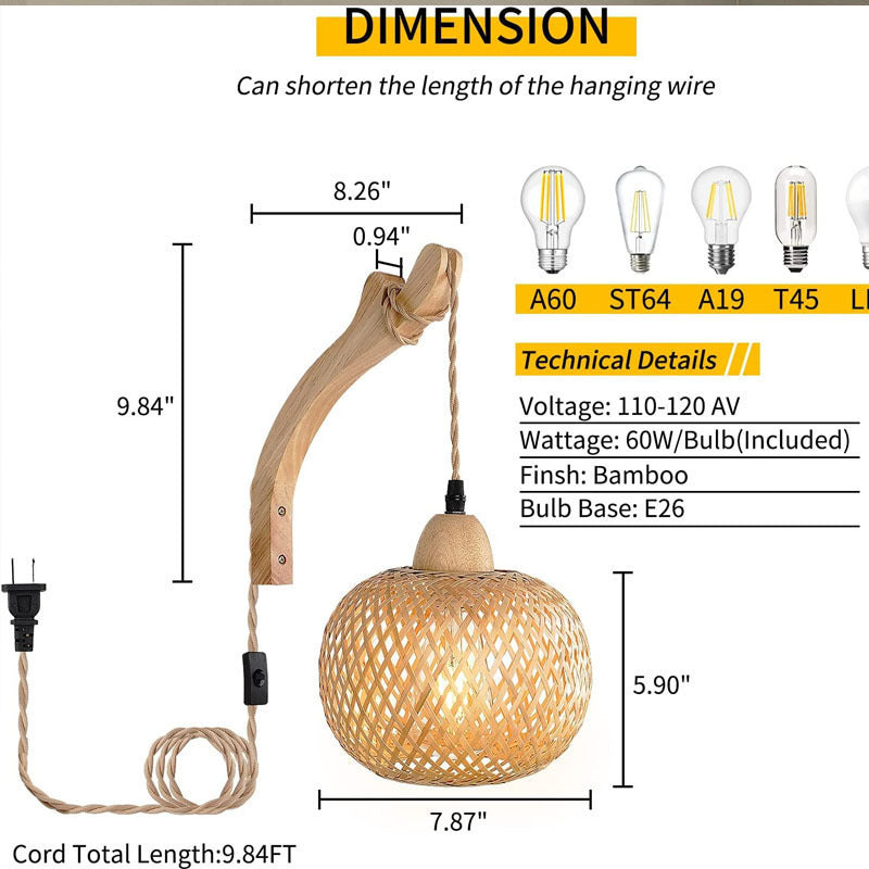 Retro Japanese Bamboo Woven Bedside Wall Lamp