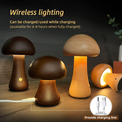 INS Wooden Cute Mushroom LED Night Light With Touch Switch  Bedside