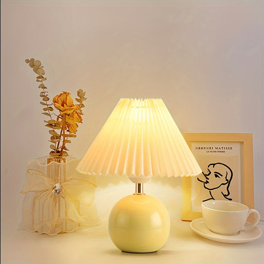 Ceramic Bottom Pleated Table Lamp USB Push Button