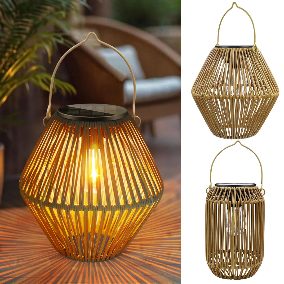 Outdoor Solar Rattan Lanterns Waterproof Hanging Boho Solar Lights