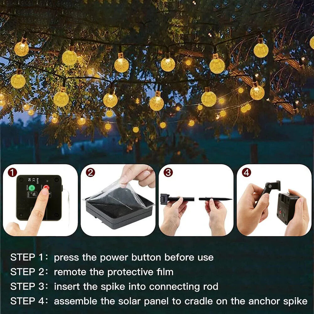 LED Solar Powered Crystal Ball Fairy String Lights Garden