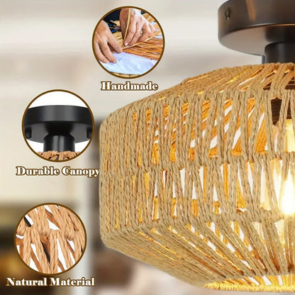1pc Handwoven Rattan Lamp Chandeliers - Semi-Flush Mount