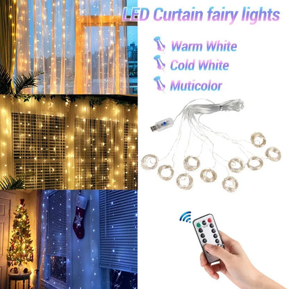 LED Garland Curtain Lights 8 Modes USB Remote Control