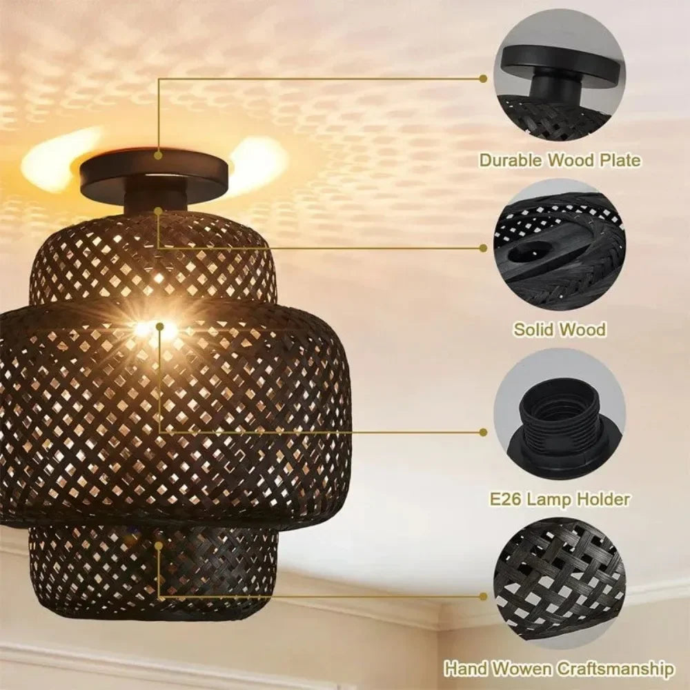 1pc Handwoven Rattan Lamp Chandeliers - Semi-Flush Mount