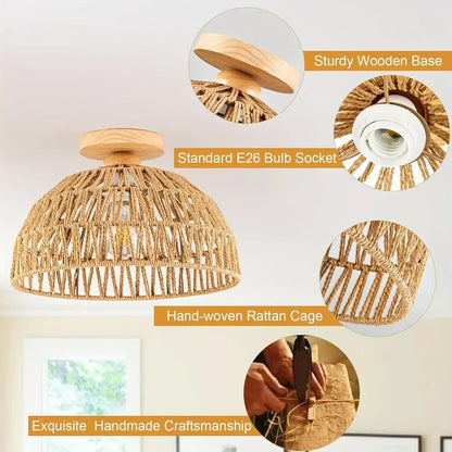 1pc Handwoven Rattan Lamp Chandeliers - Semi-Flush Mount