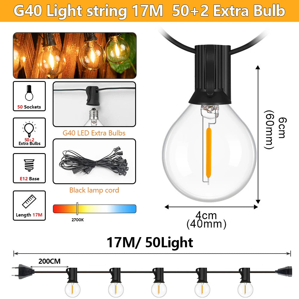 Outdoor LED Waterproof G40 String Light EU Plug Garden Lights