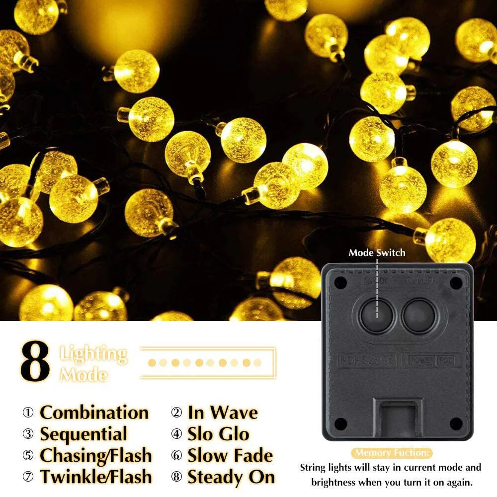 LED Solar Powered Crystal Ball Fairy String Lights Garden