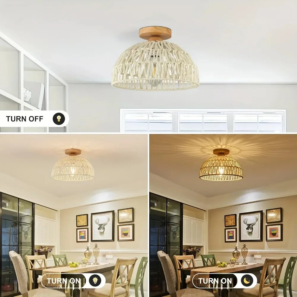 1pc Handwoven Rattan Lamp Chandeliers - Semi-Flush Mount