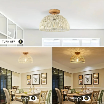 1pc Handwoven Rattan Lamp Chandeliers - Semi-Flush Mount