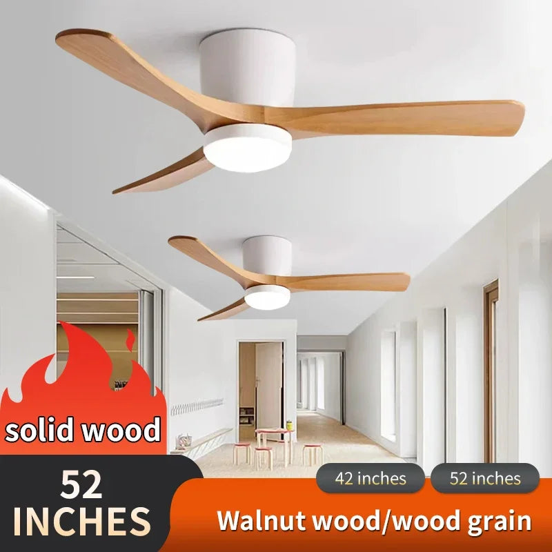 Low Floor Modern Ceiling Fan with Wooden Blades, Solid Wood