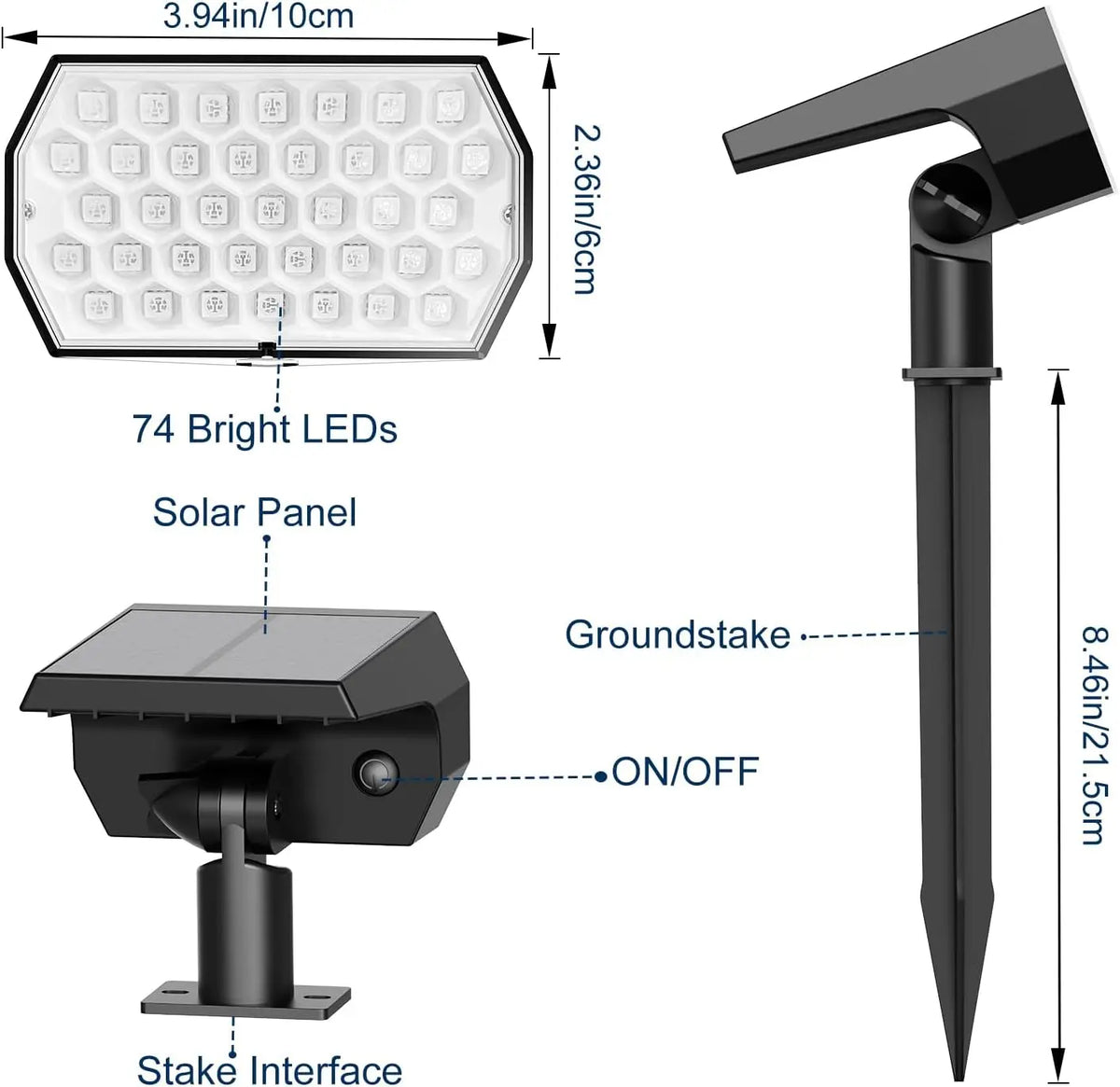 Solar Spot Lights Outdoor 74 LED 3 Colors 2-in-1 Solar Landscape