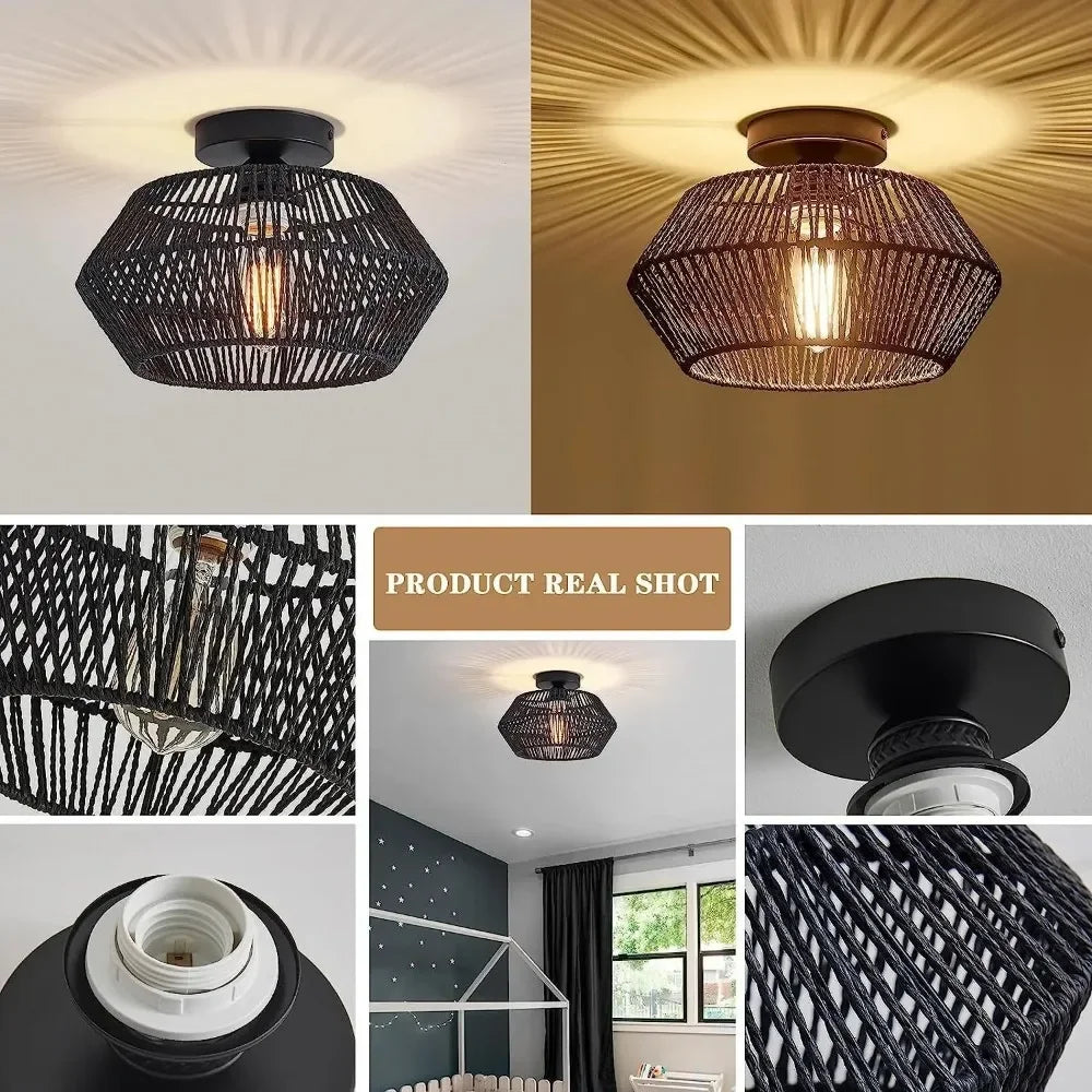 1pc Handwoven Rattan Lamp Chandeliers - Semi-Flush Mount