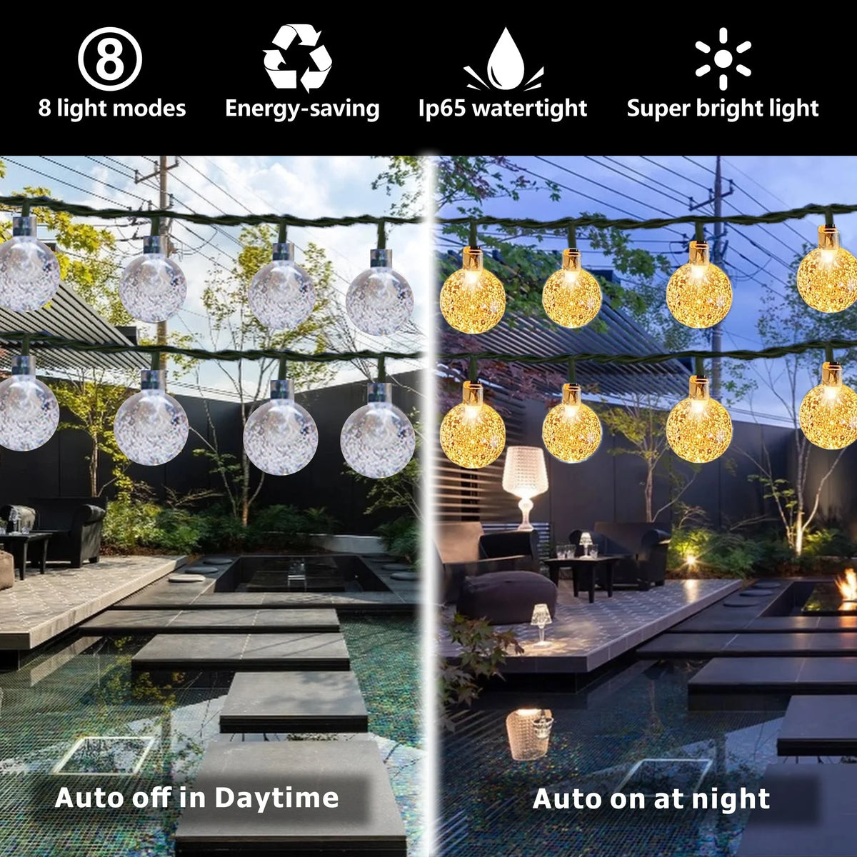 1 Pack 39FT IP65 Crystal Globe Solar String Lights 100 LED 8 Lighting