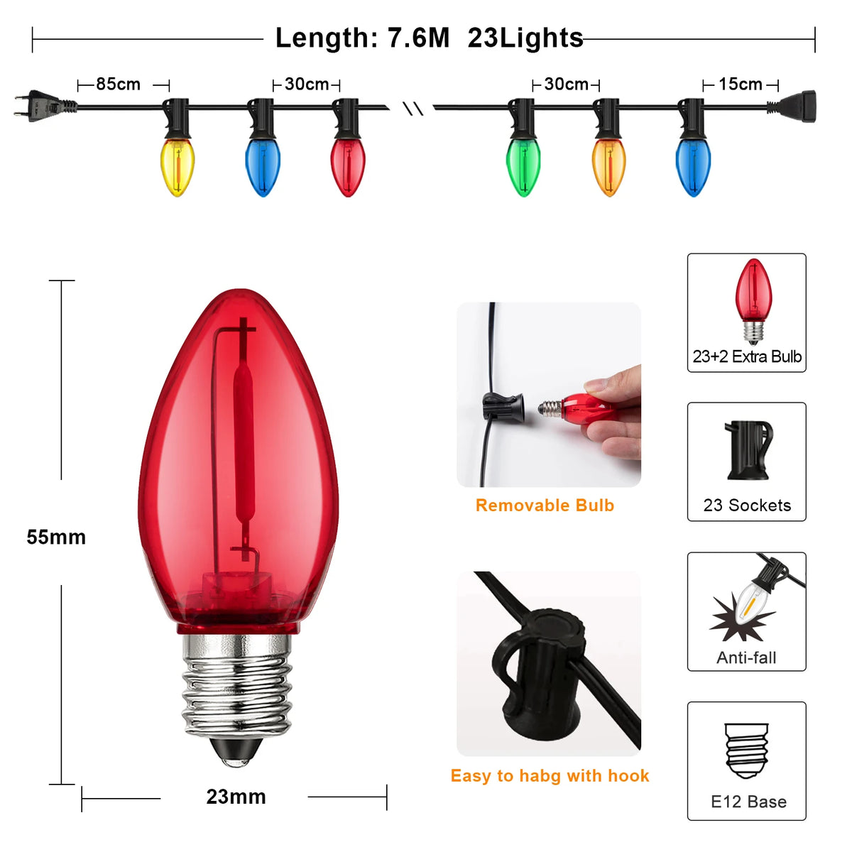 Christmas Outdoor String Lights Plastic C7 Colored Hanging Light