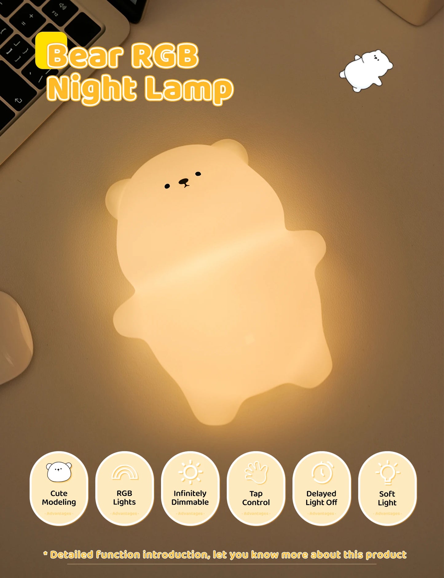 Cute Silicone Night Lamp Lying Flat Bear Desktop Decorative