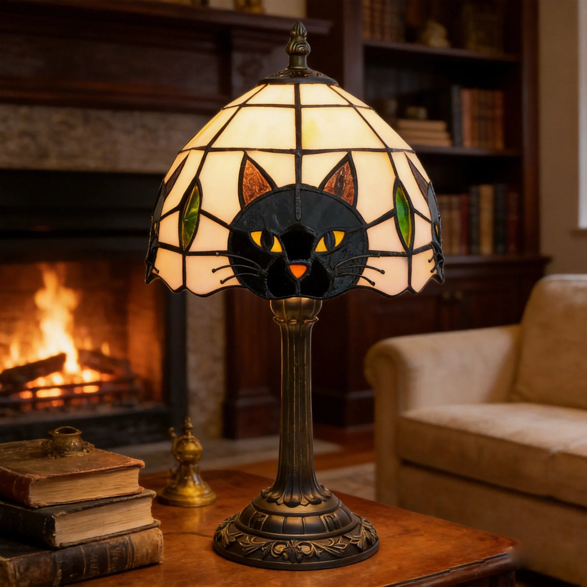 Halloween Tiffany Style Cute Black Cat Stained Glass Table Lamp