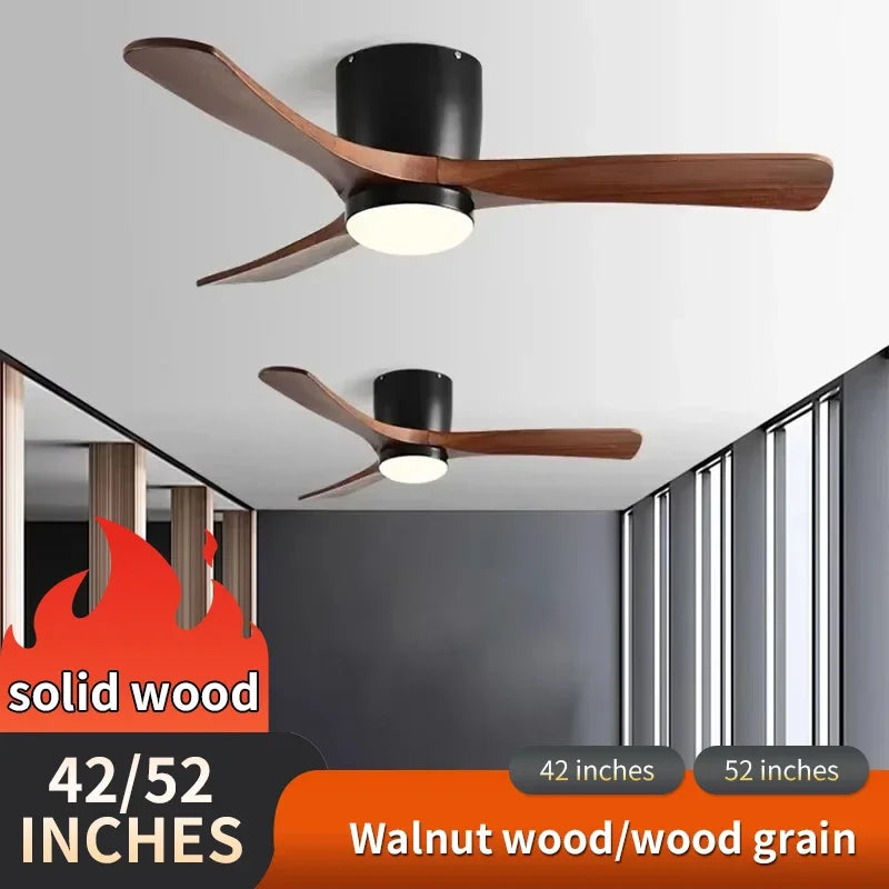 Low Floor Modern Ceiling Fan with Wooden Blades, Solid Wood