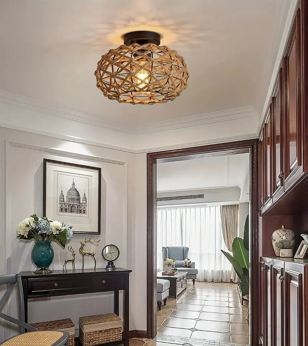 1pc Handwoven Rattan Lamp Chandeliers - Semi-Flush Mount