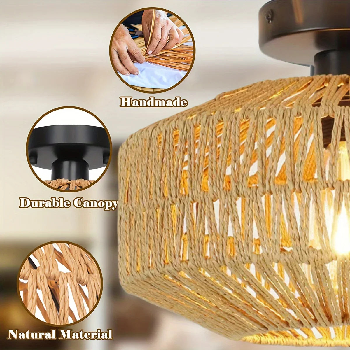 1pc Handwoven Rattan Lamp Chandeliers - Semi-Flush Mount