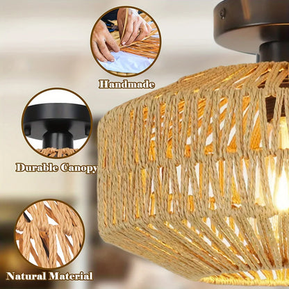 1pc Handwoven Rattan Lamp Chandeliers - Semi-Flush Mount
