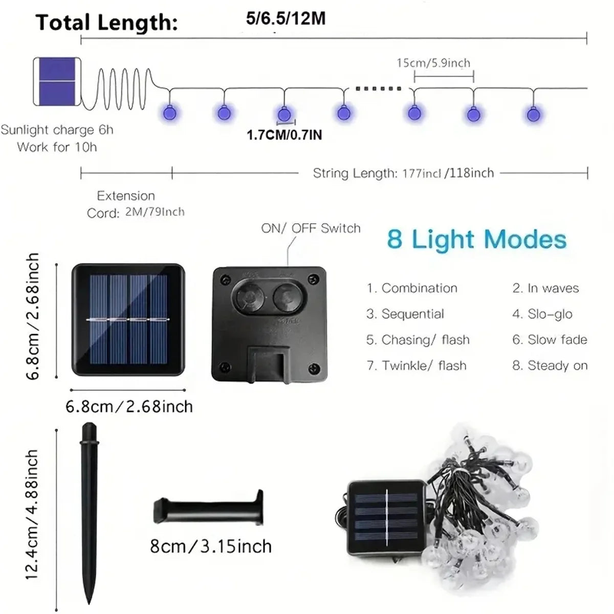 Solar Bubble Ball String Light Outdoor Lighting Waterproof 8 Functions