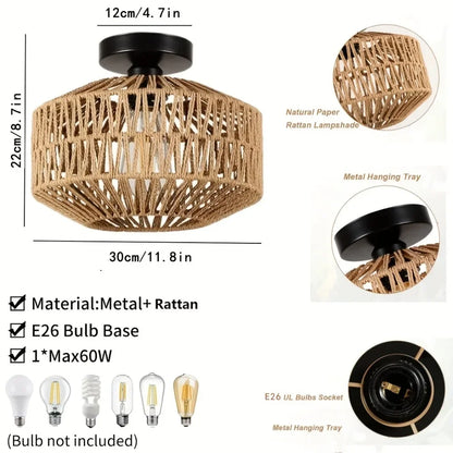1pc Handwoven Rattan Lamp Chandeliers - Semi-Flush Mount