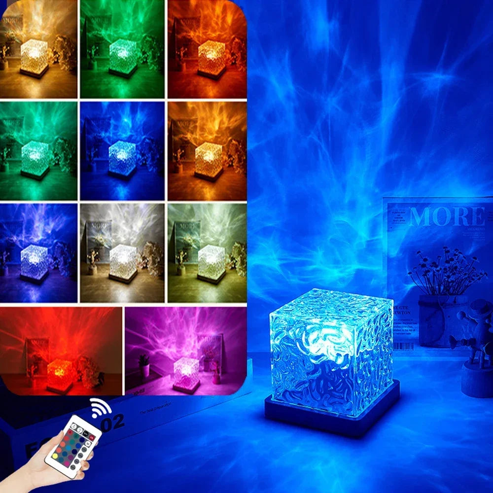 Dynamic Rotating Water Projector Night Light Flame Crystal Lamp Ocean Light