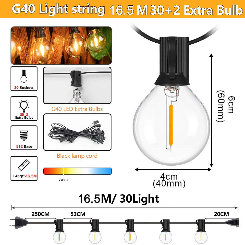 Outdoor LED Waterproof G40 String Light EU Plug Garden Lights