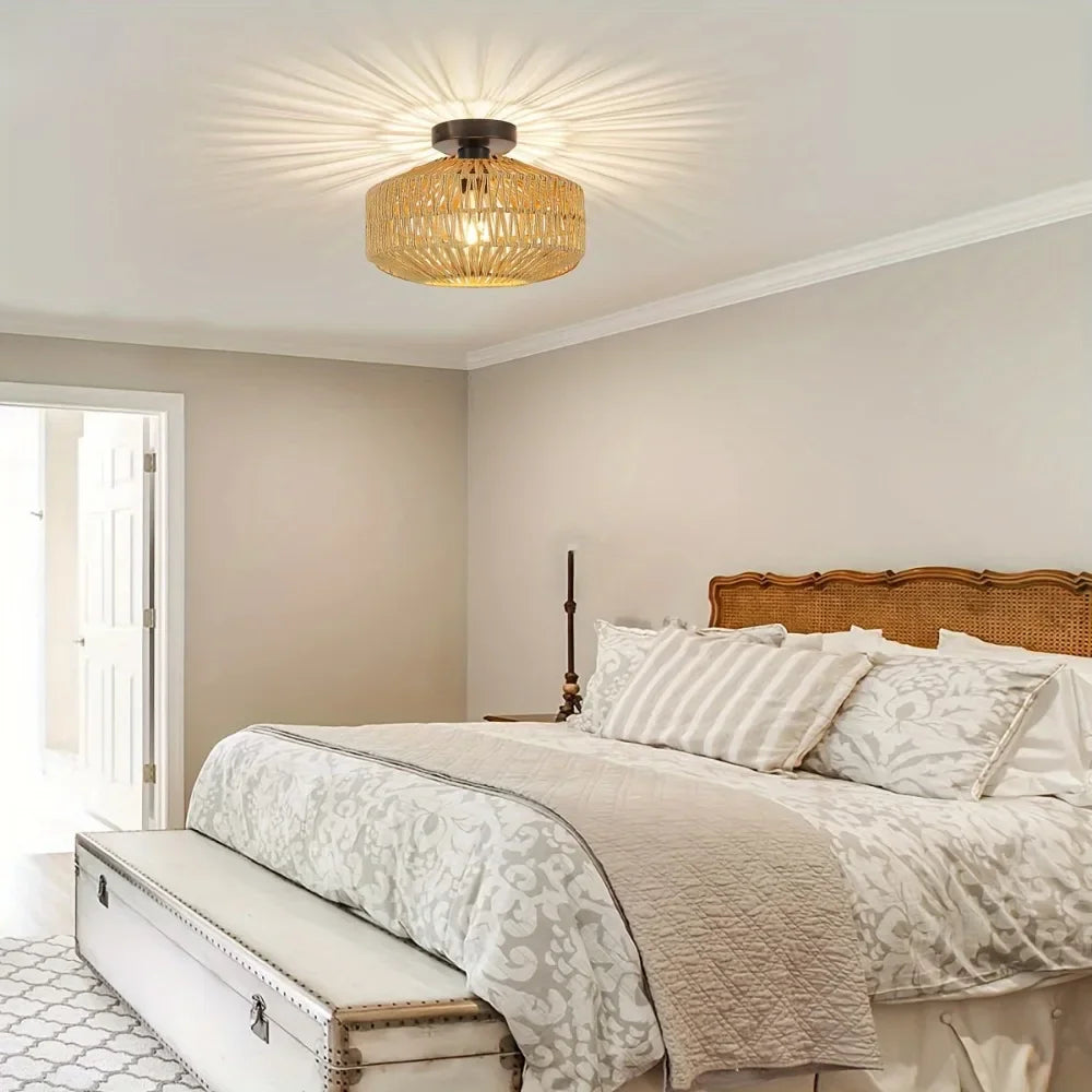 1pc Handwoven Rattan Lamp Chandeliers - Semi-Flush Mount