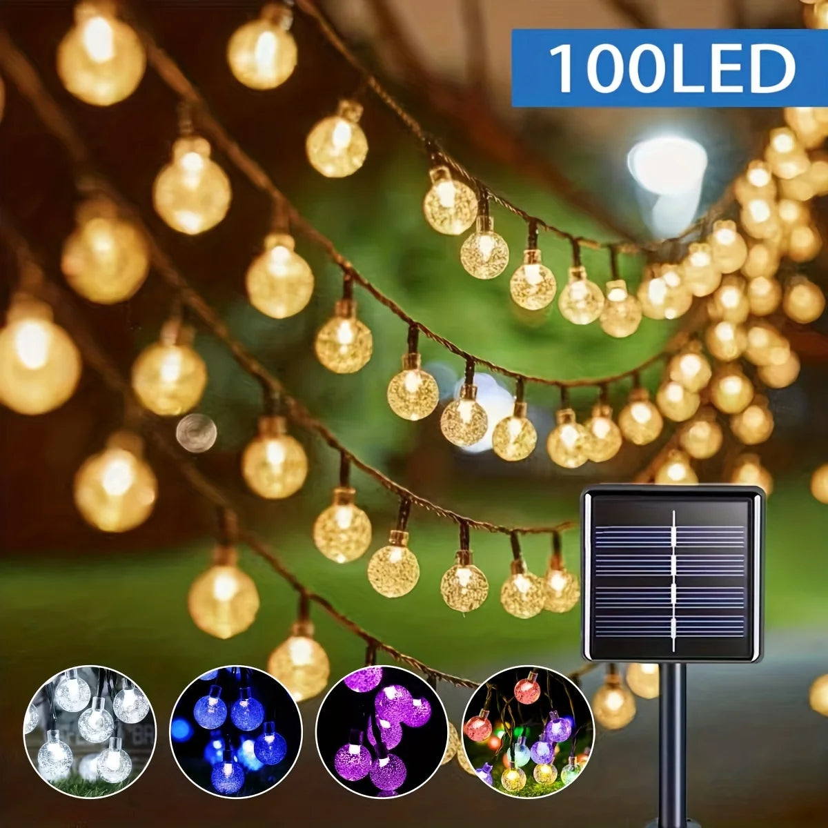1 Pack 39FT IP65 Crystal Globe Solar String Lights 100 LED 8 Lighting