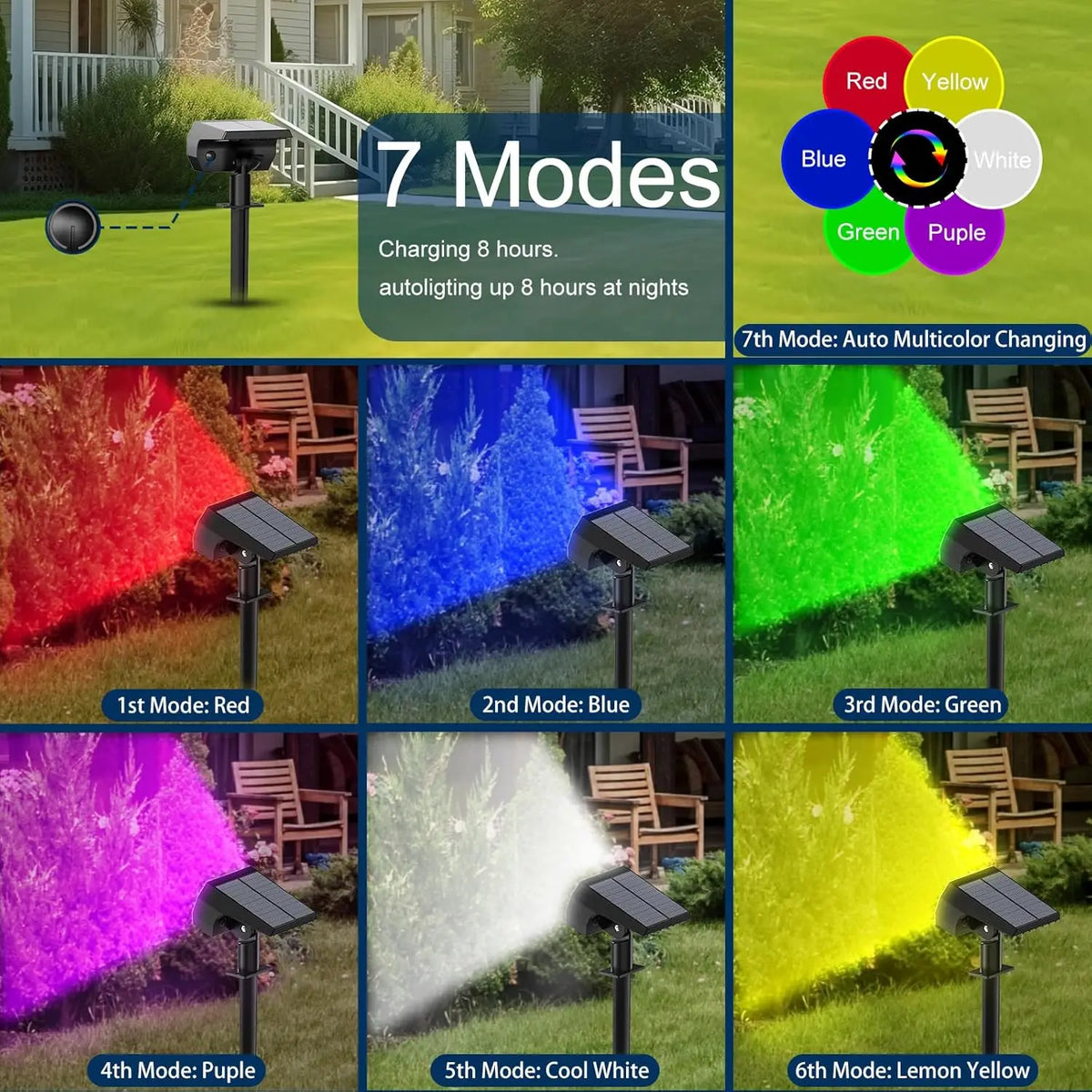 Solar Spot Lights Outdoor 74 LED 3 Colors 2-in-1 Solar Landscape