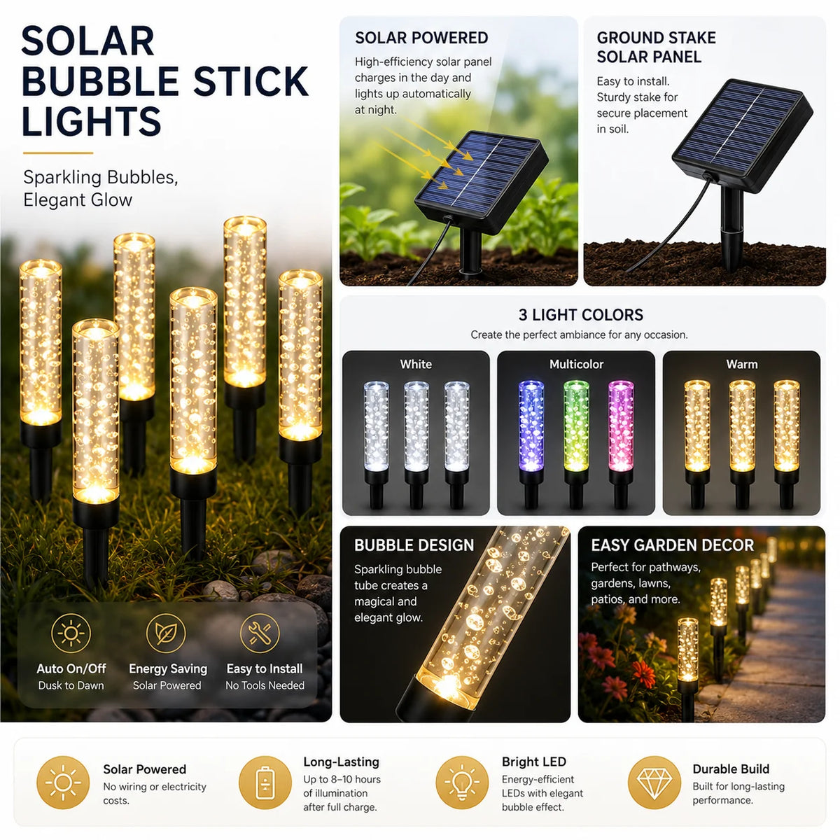 Solar Garden Lights Bubble Stick Pathway Stake Lights