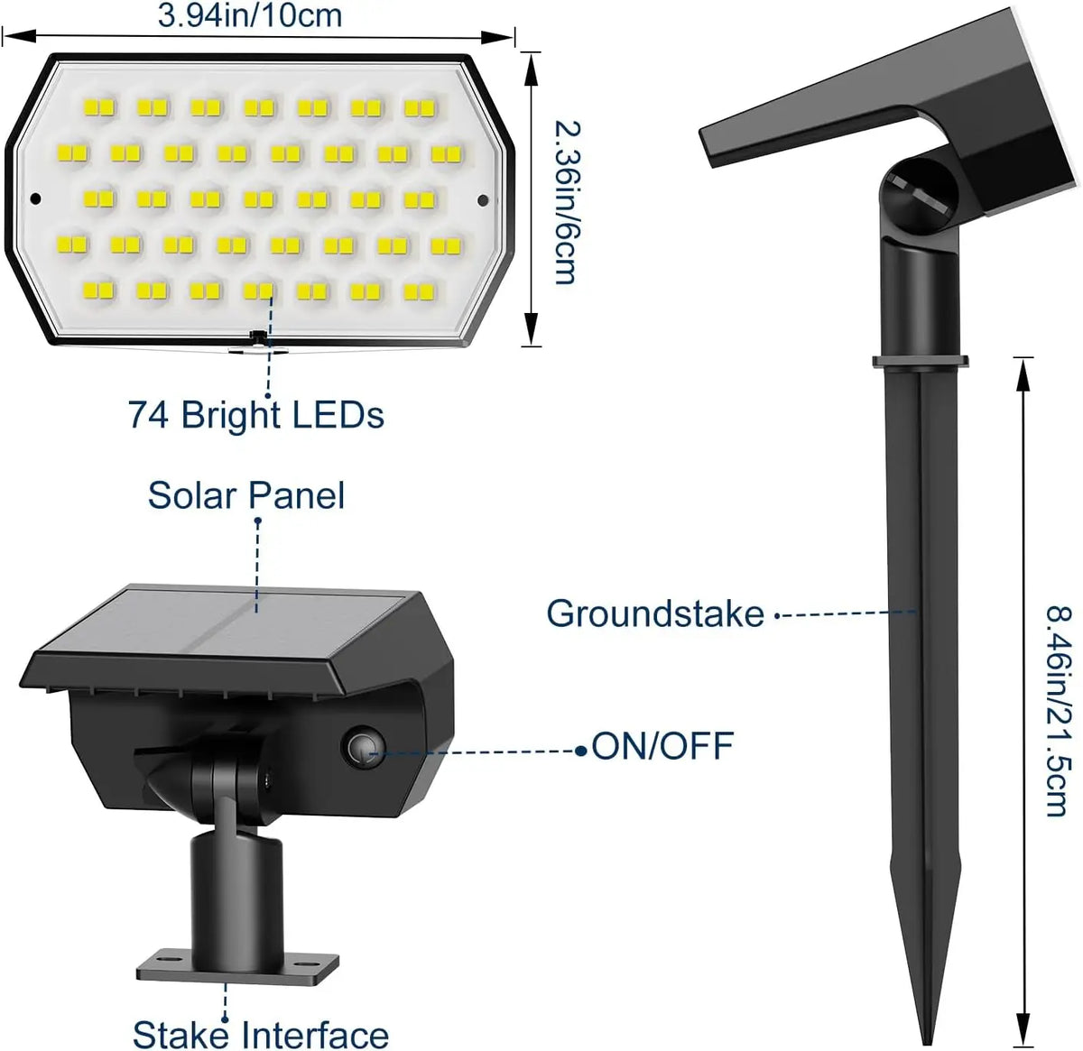 Solar Spot Lights Outdoor 74 LED 3 Colors 2-in-1 Solar Landscape