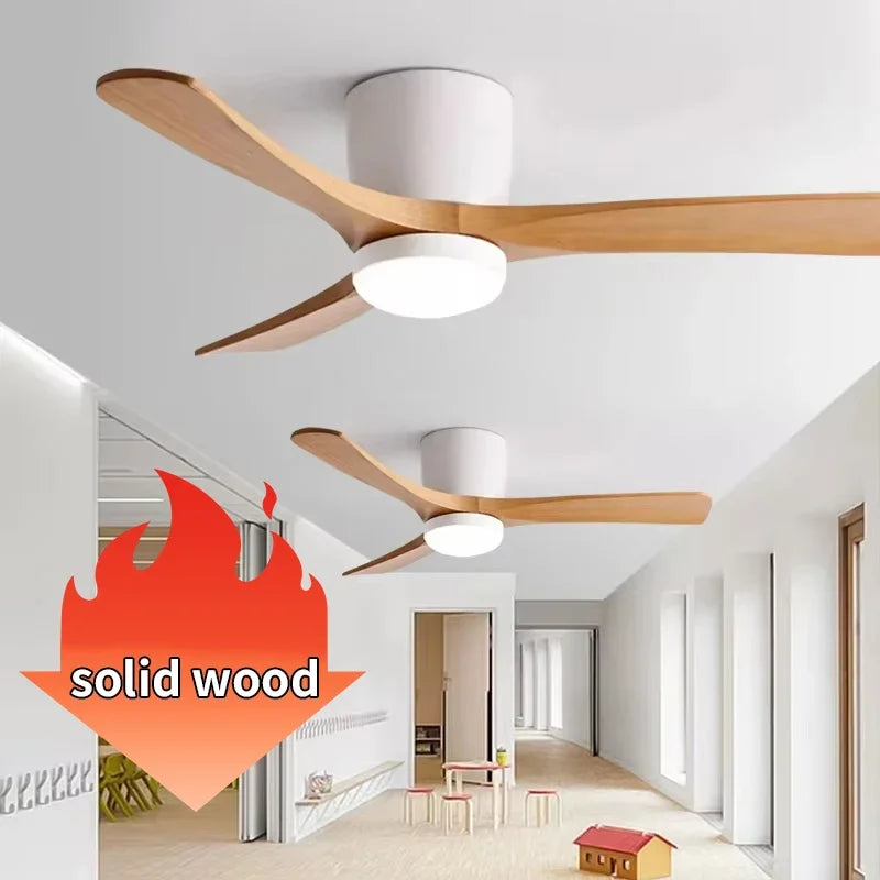 Low Floor Modern Ceiling Fan with Wooden Blades, Solid Wood