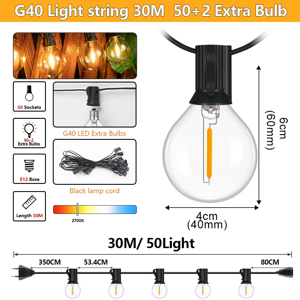 Outdoor LED Waterproof G40 String Light EU Plug Garden Lights