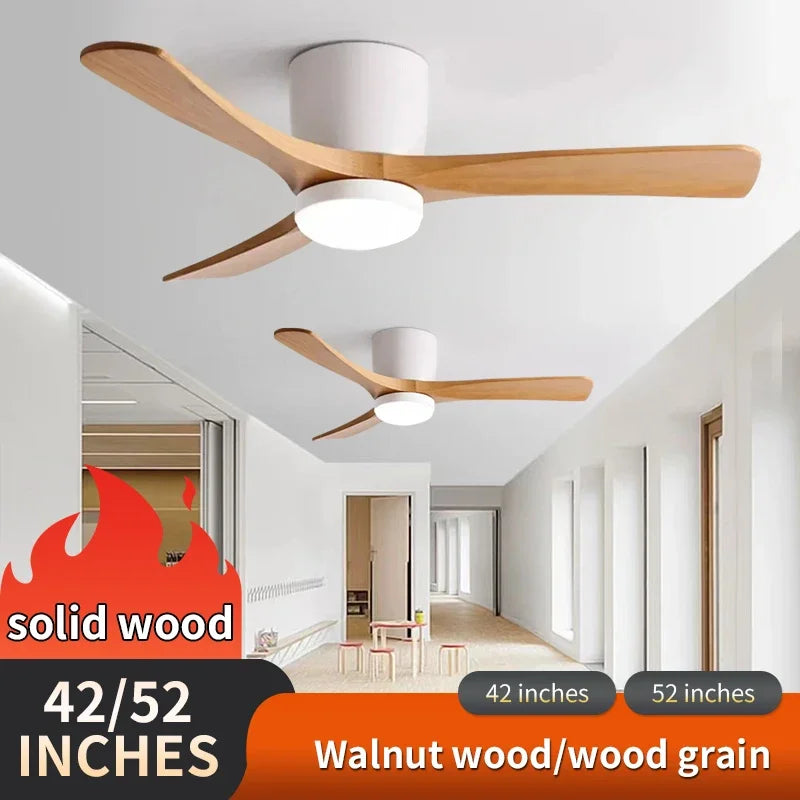 Low Floor Modern Ceiling Fan with Wooden Blades, Solid Wood