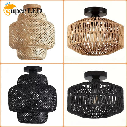 1pc Handwoven Rattan Lamp Chandeliers - Semi-Flush Mount