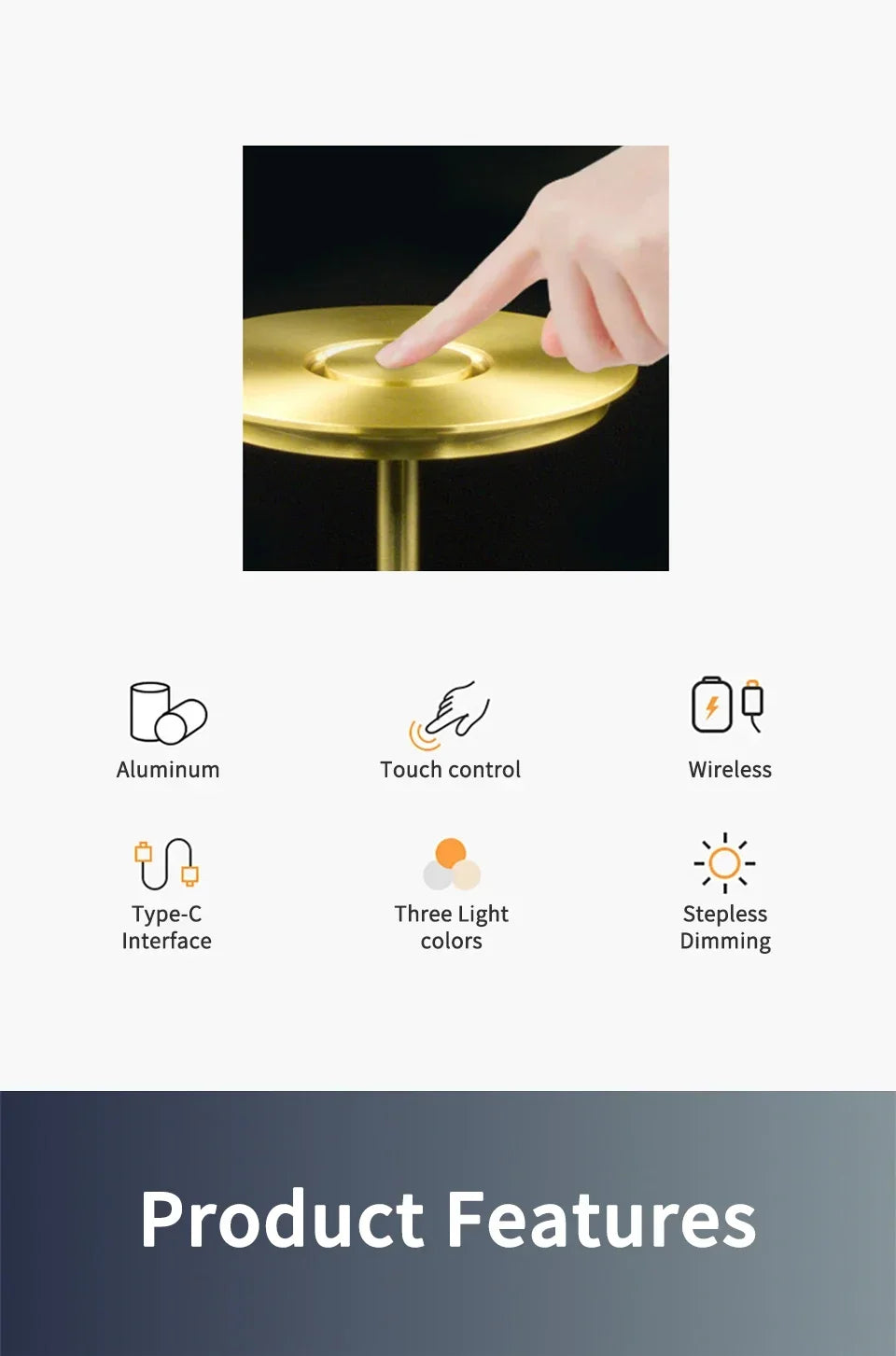 Wireless Table Lamp USB Rechargeable Touch Lamp