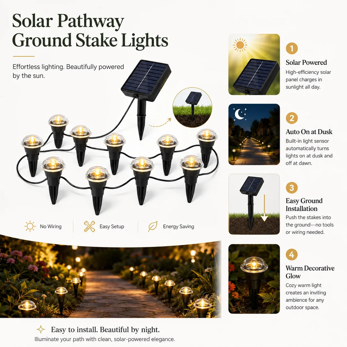 Solar Powered Ground Stake Pathway Lights Warm Glow Garden