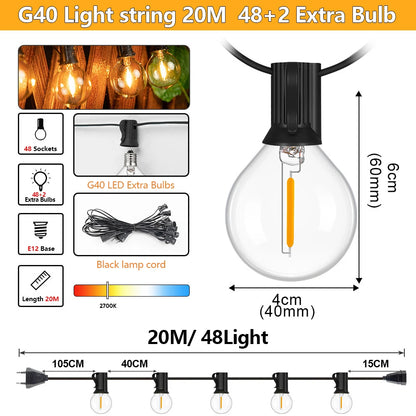 Outdoor LED Waterproof G40 String Light EU Plug Garden Lights