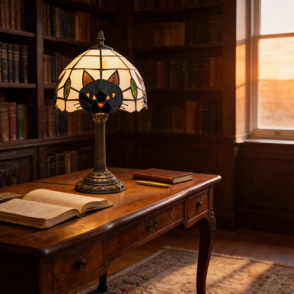 Halloween Tiffany Style Cute Black Cat Stained Glass Table Lamp