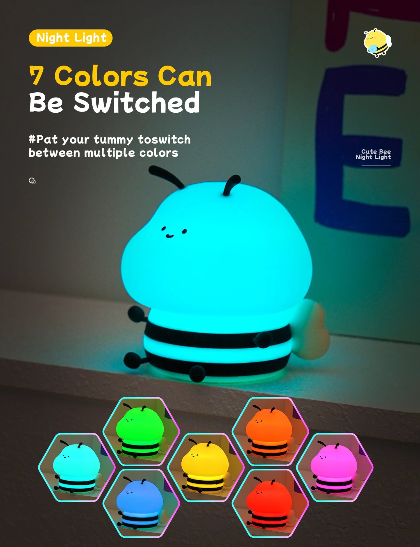 LED Night Lights Bee Colorful Rechargeable Decor Light Kids Gifts