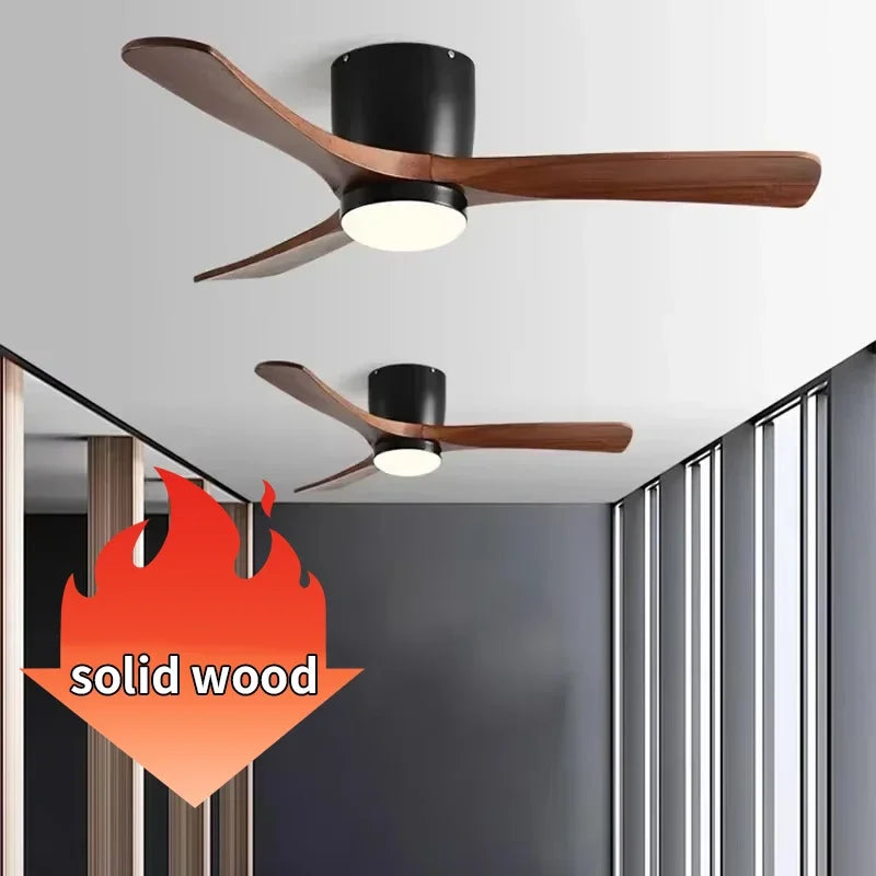 Low Floor Modern Ceiling Fan with Wooden Blades, Solid Wood
