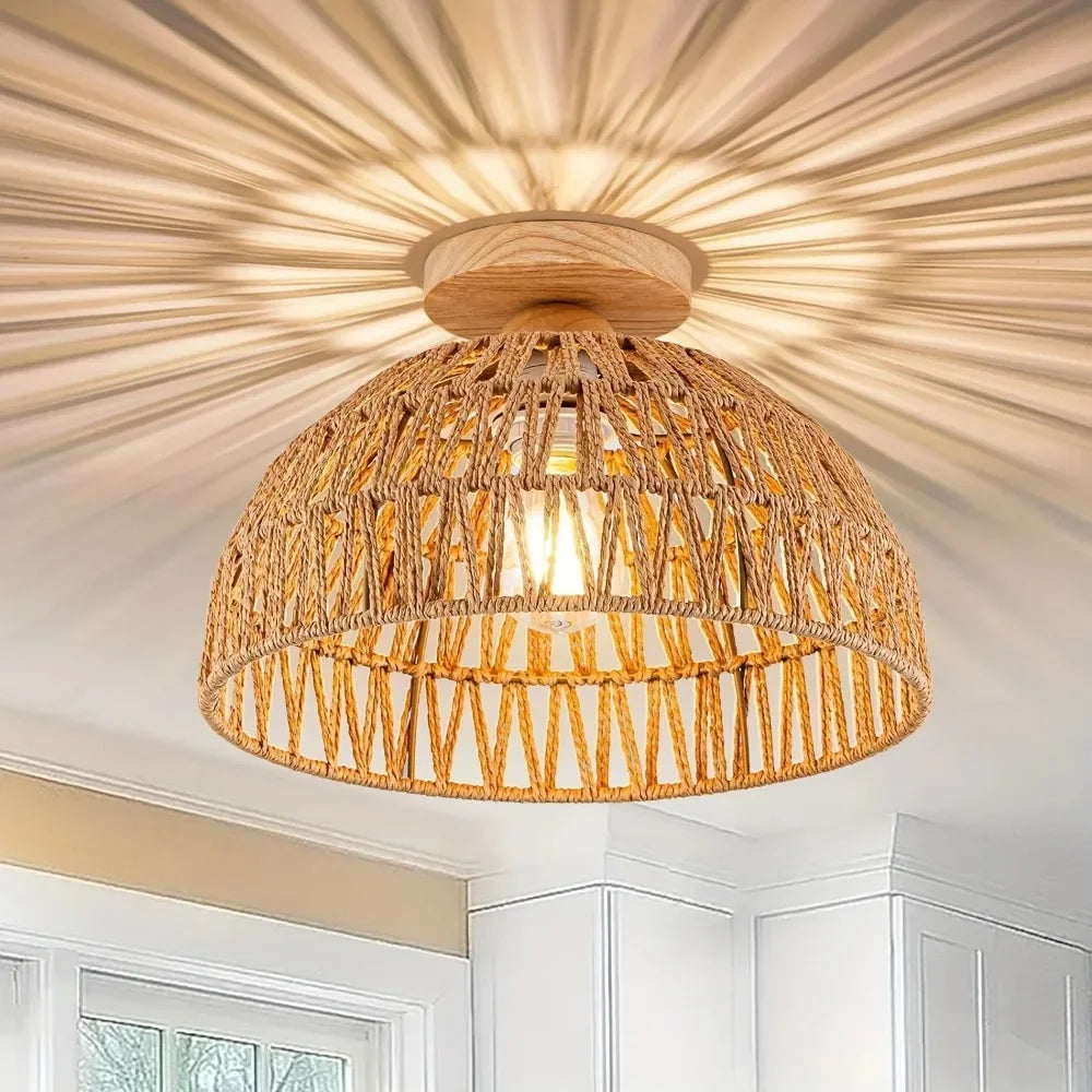 1pc Handwoven Rattan Lamp Chandeliers - Semi-Flush Mount