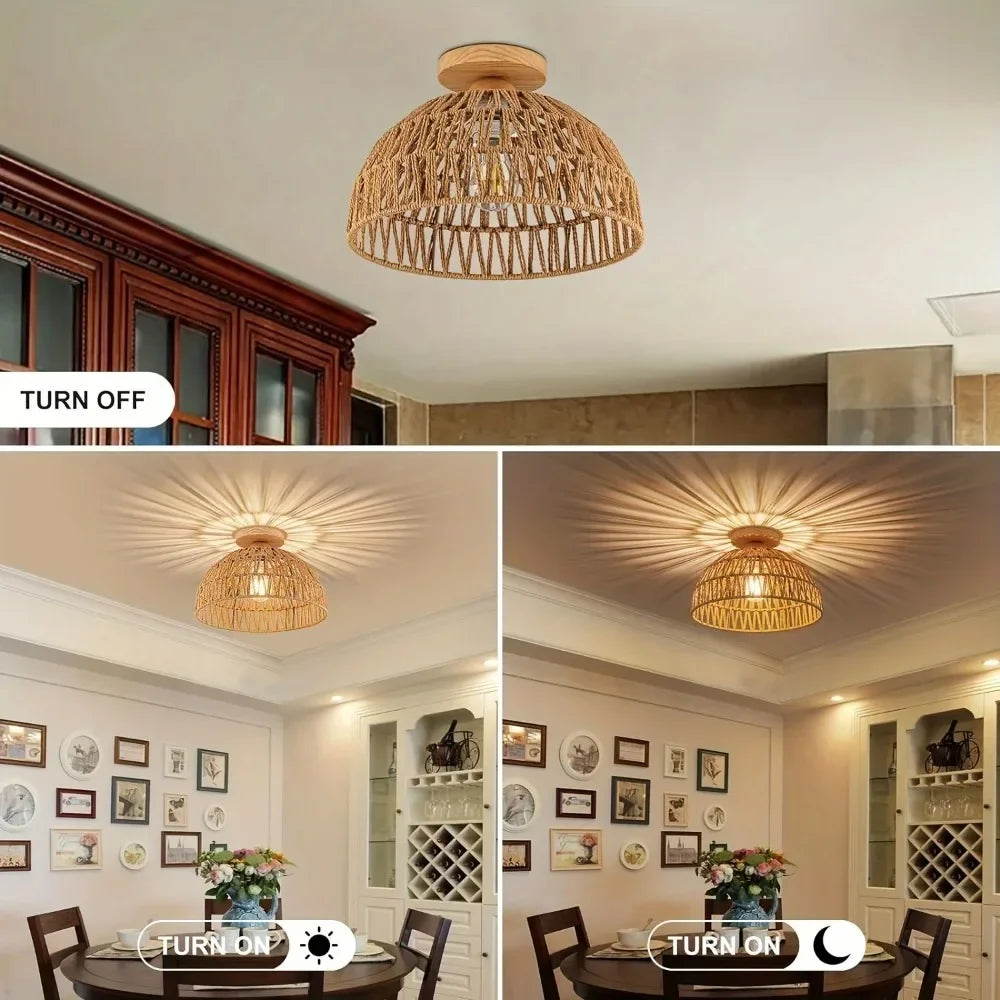 1pc Handwoven Rattan Lamp Chandeliers - Semi-Flush Mount